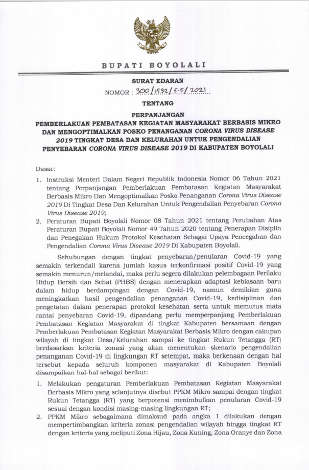 PERPANJANGAN PEMBERLAKUAN PEMBATASAN KEGIATAN MASYARARAT BERBASIS MIKRO DAN MENGOPTIMALKAN POSKO PENANGANAN CORONA
